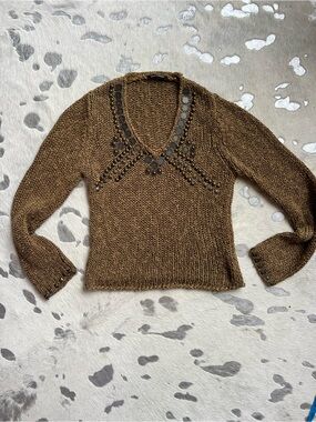 Boho Knit Brown V-Neck Embellished Women's Sweater Luisa Cerano
